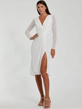 IEENA Mac Duggal 26555 White Sequin Long Sleeve Wrap Midi Dress Size 2 NWT